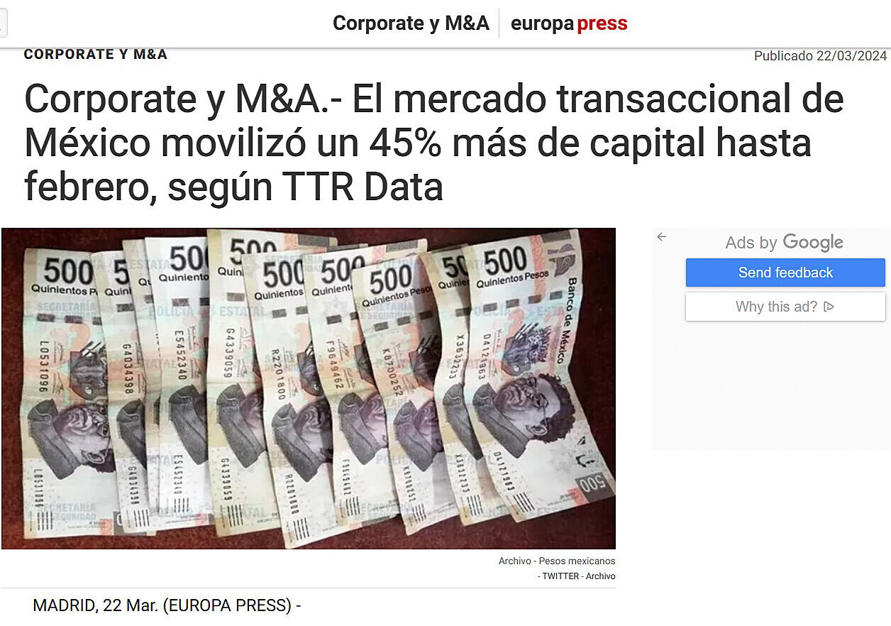 Corporate y M&A.- El mercado transaccional de Mxico moviliz un 45% ms de capital hasta febrero, segn TTR Data